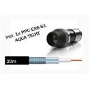 20m Koaxkabel Hirschmann KOKA 799 B mit vorkonfektioniertem+wasserdichtem F-Kompressionsstecker von PPC (Voll-Kupfer / UV-beständig)  - 1x 20m (1 Stecker vormontiert)